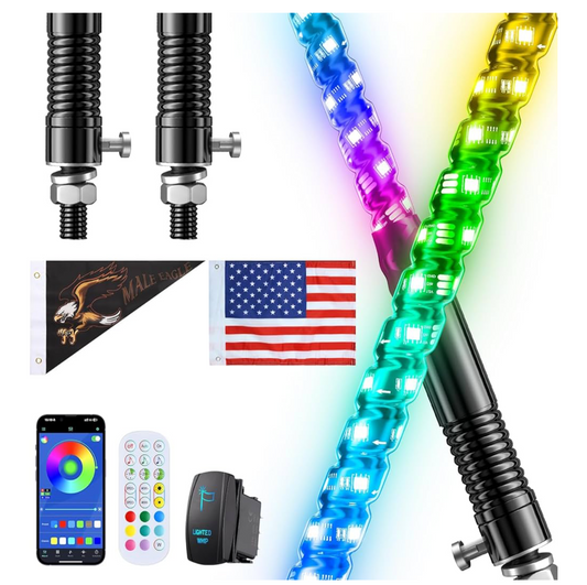 3FT RGB LED Whip Lights (2PCS) – Spiral Lighted Whips with Remote & App Control, Spring Base, Music Sync & Flags for UTV ATV RZR SXS Can-Am