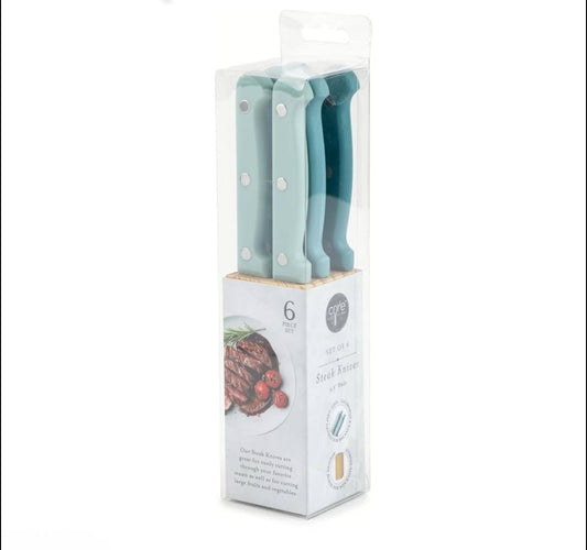 6-Piece Stainless Steel Steak Knife Set – Teal Handles
