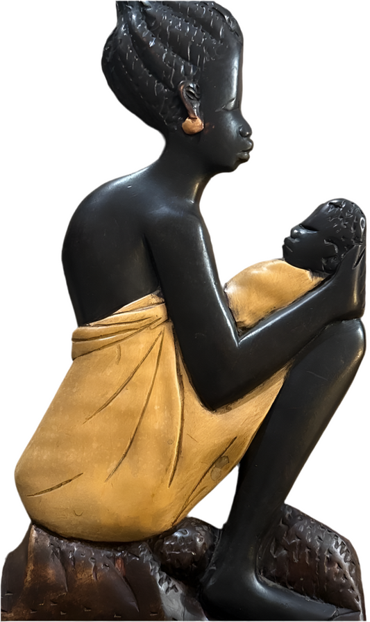 Hand-Carved African Woman Sculpture – Sitting Pose with Yellow Wrap