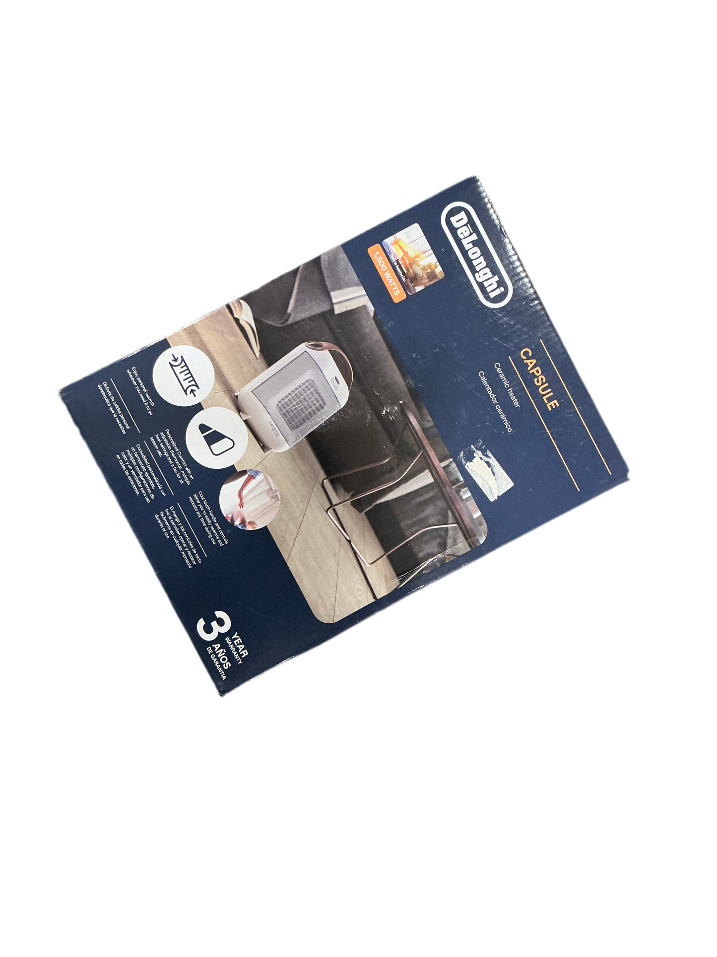 DeLonghi Capsule Compact Ceramic Space Heater – Lightweight Portable Design, Quiet Operation, Modern Blue Finish