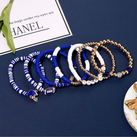 Game Day Bracelet Stack – Blue & Gold Football Beaded Set (6-Piece)