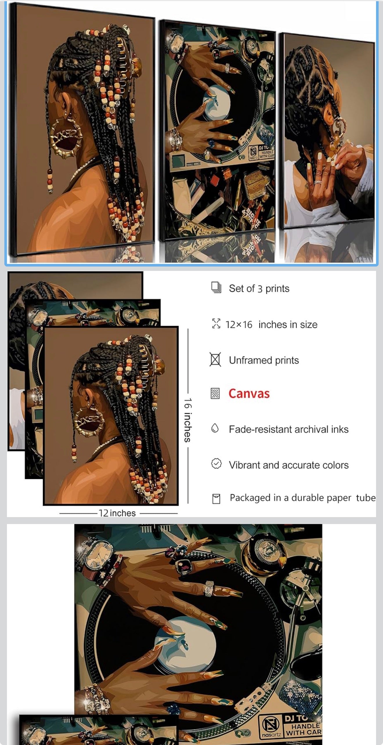 Framed Black Girl African American Female Wall Art, Fashion Modern Abstract Poster Afro Black Women Magic Cool Canvas Wall Decor for Bedroom