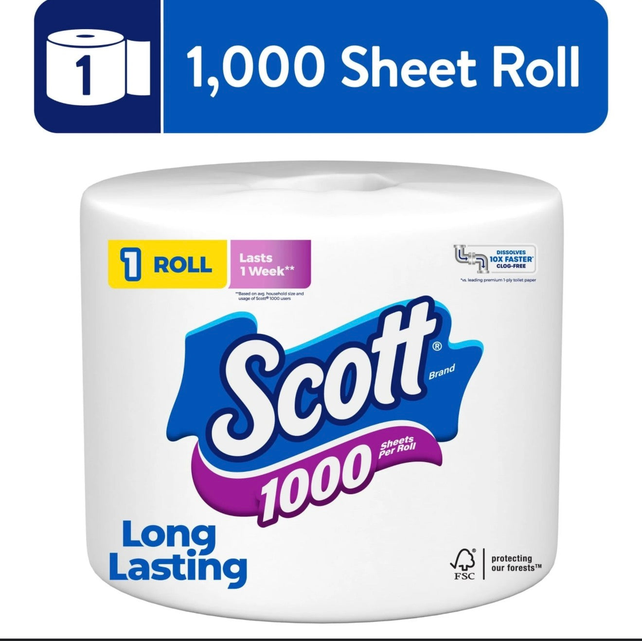Scott 1000 Toilet Paper, 1 Roll, 1,000 Sheets per Roll