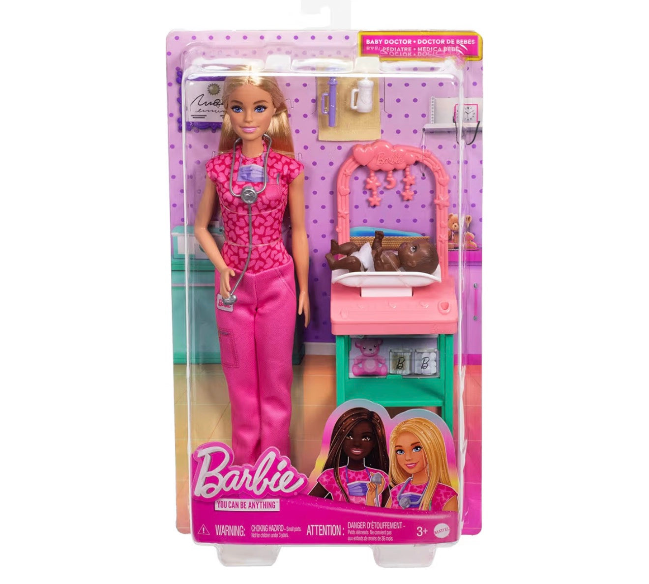 Barbie Baby Doctor with Blonde Fashion Doll Wearing Pink Scrubs, 1 Baby Doll with Accessories & Furniture