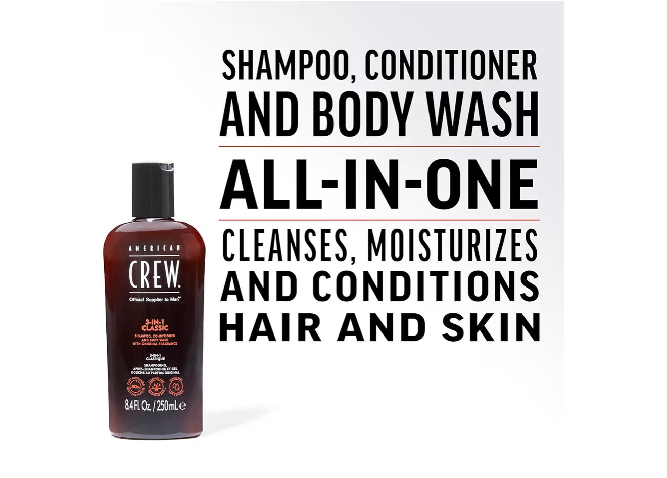 American Crew 3-in-1 Shampoo, Conditioner and Body Wash, Gift for Men, 33.8 fl oz
