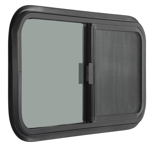 24” x 20” Horizontal RV Sliding Window with Screen – Black Frame, Tinted Glass