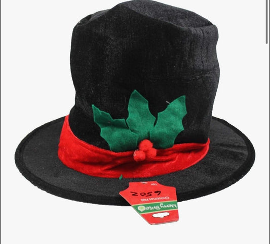 Holiday Christmas Hat – Black with Red Band & Green Holly Leaves