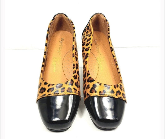 Women’s Leopard Print Flats with Black Patent Toe Cap