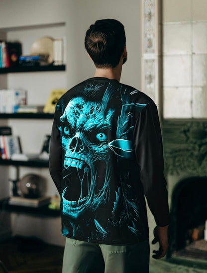 Blue Flame Skull Long Sleeve Graphic Tee