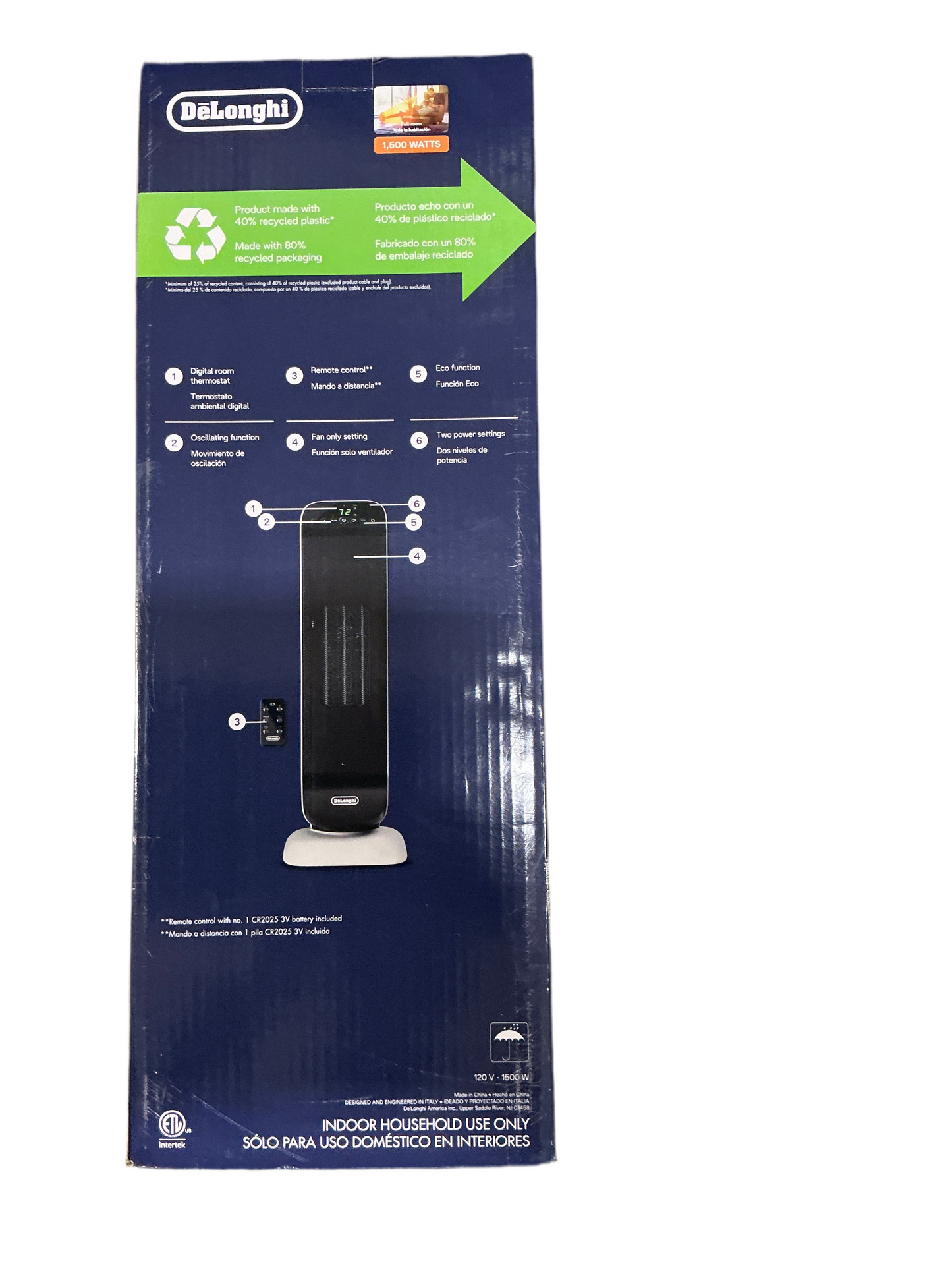 Delonghi Digital Ceramic Tower Heater with Eco Energy Mode & Remote