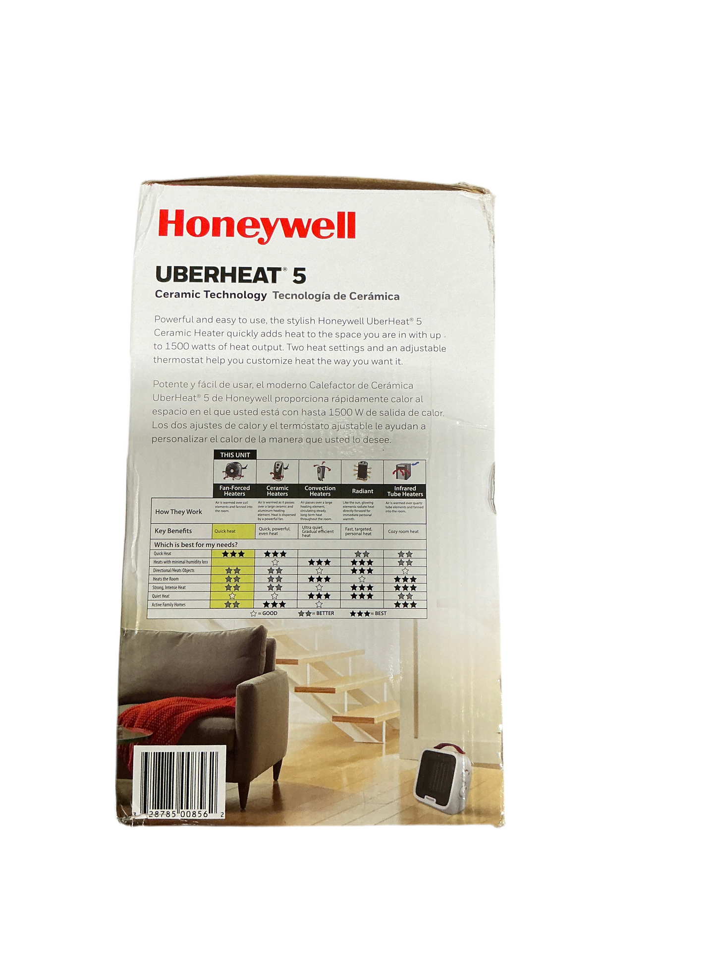 Honeywell UberHeat 5 Ceramic Space Heater – Compact Design with Adjustable Thermostat, White