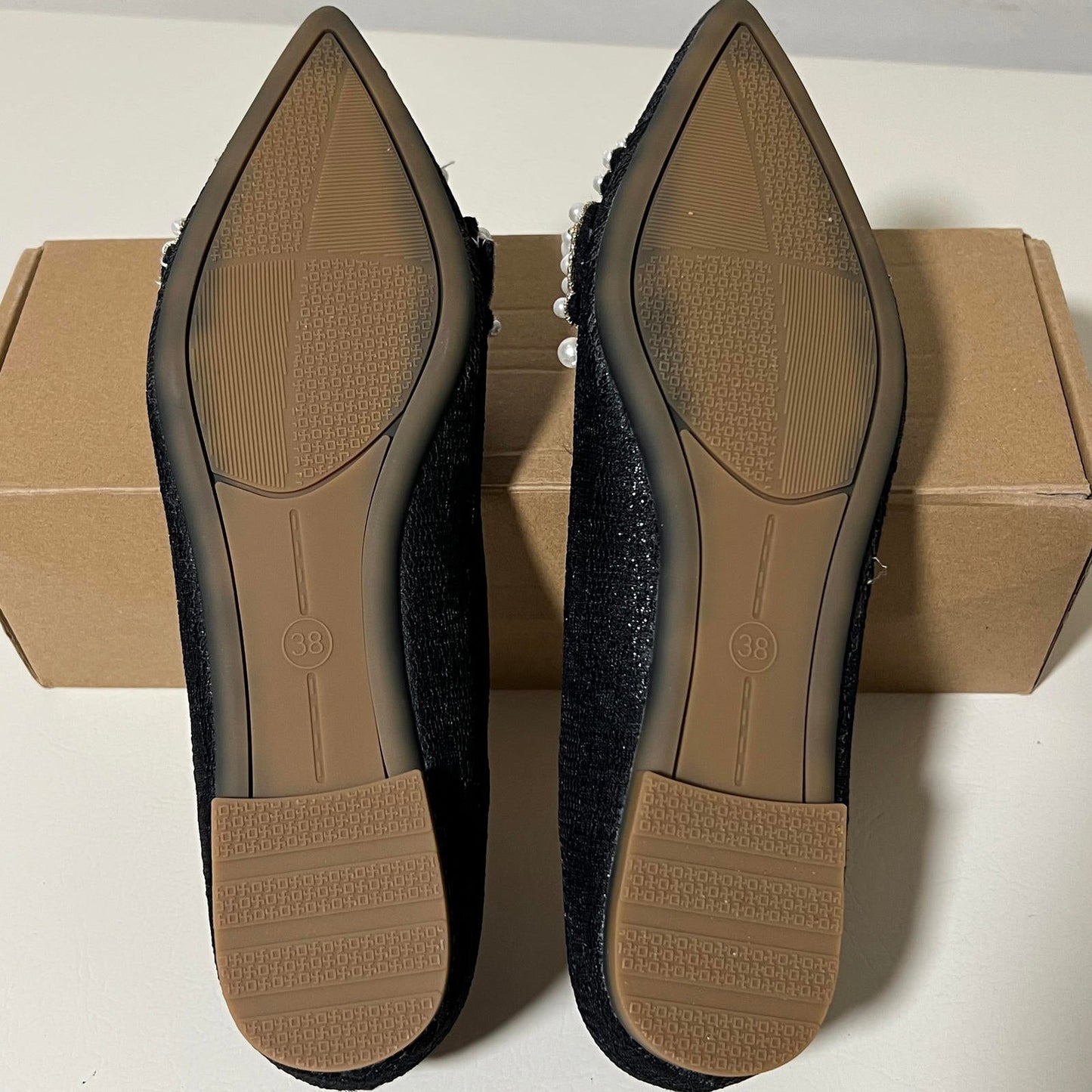 Women's Black Flats with Pearl and Bead Embellishments