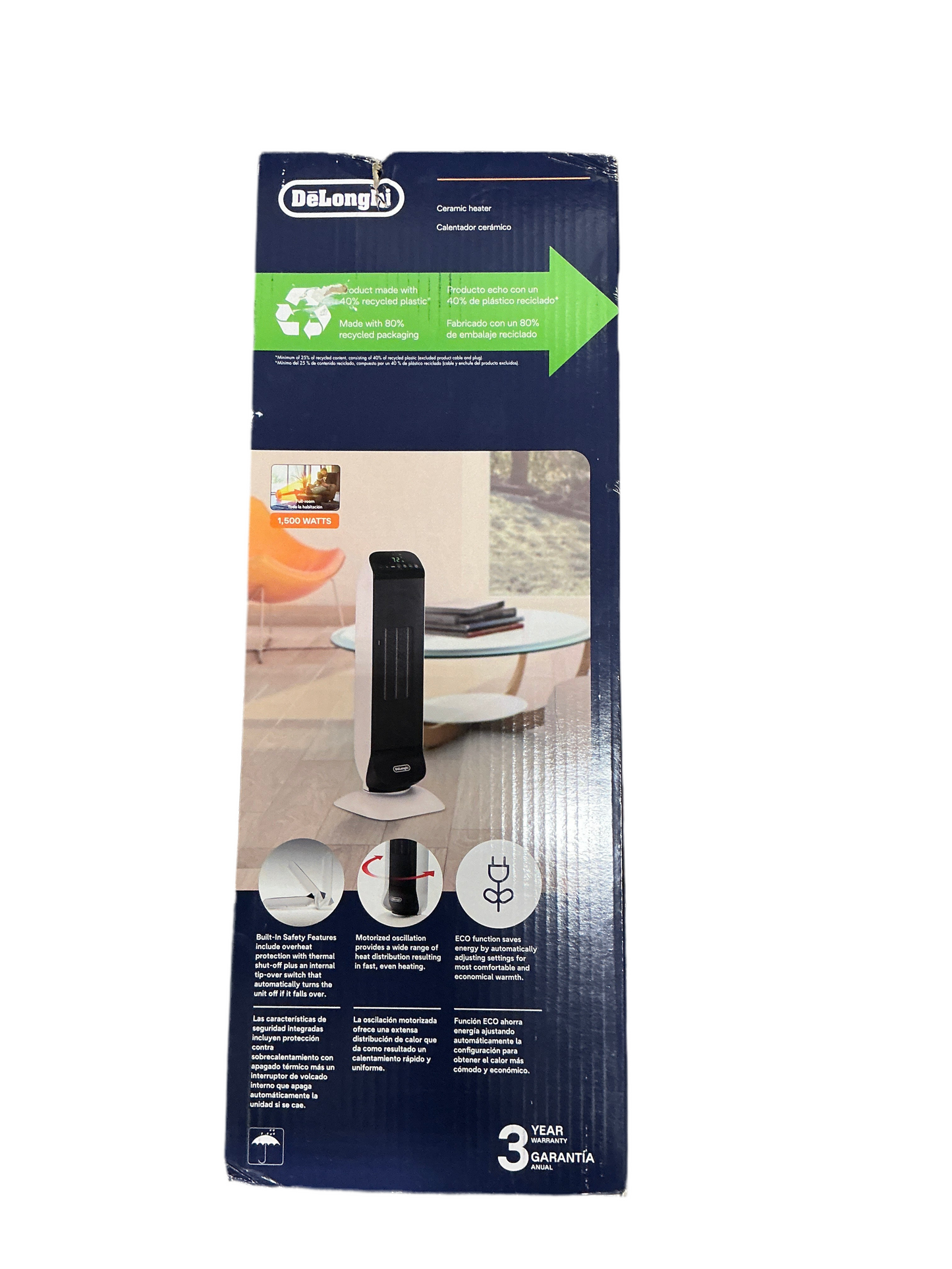 Delonghi Digital Ceramic Tower Heater with Eco Energy Mode & Remote
