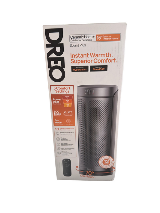 Dreo Solaris Plus Ceramic Space Heater – 16”, Digital Thermostat, 5 Comfort Settings, 70° Oscillation