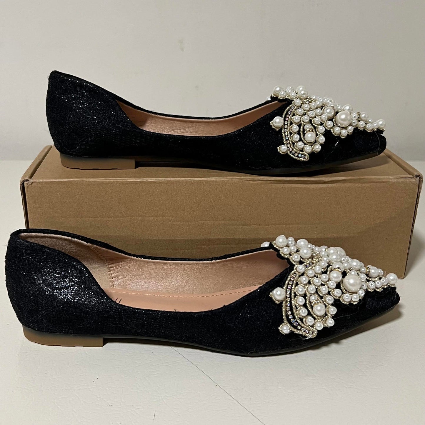 Women's Black Flats with Pearl and Bead Embellishments
