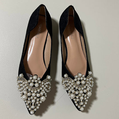 Women's Black Flats with Pearl and Bead Embellishments