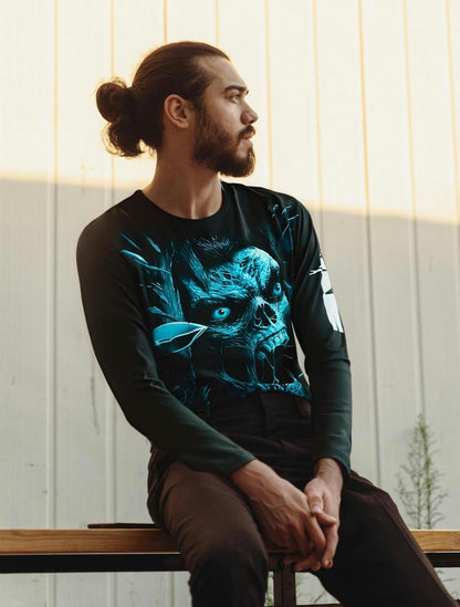 Blue Flame Skull Long Sleeve Graphic Tee