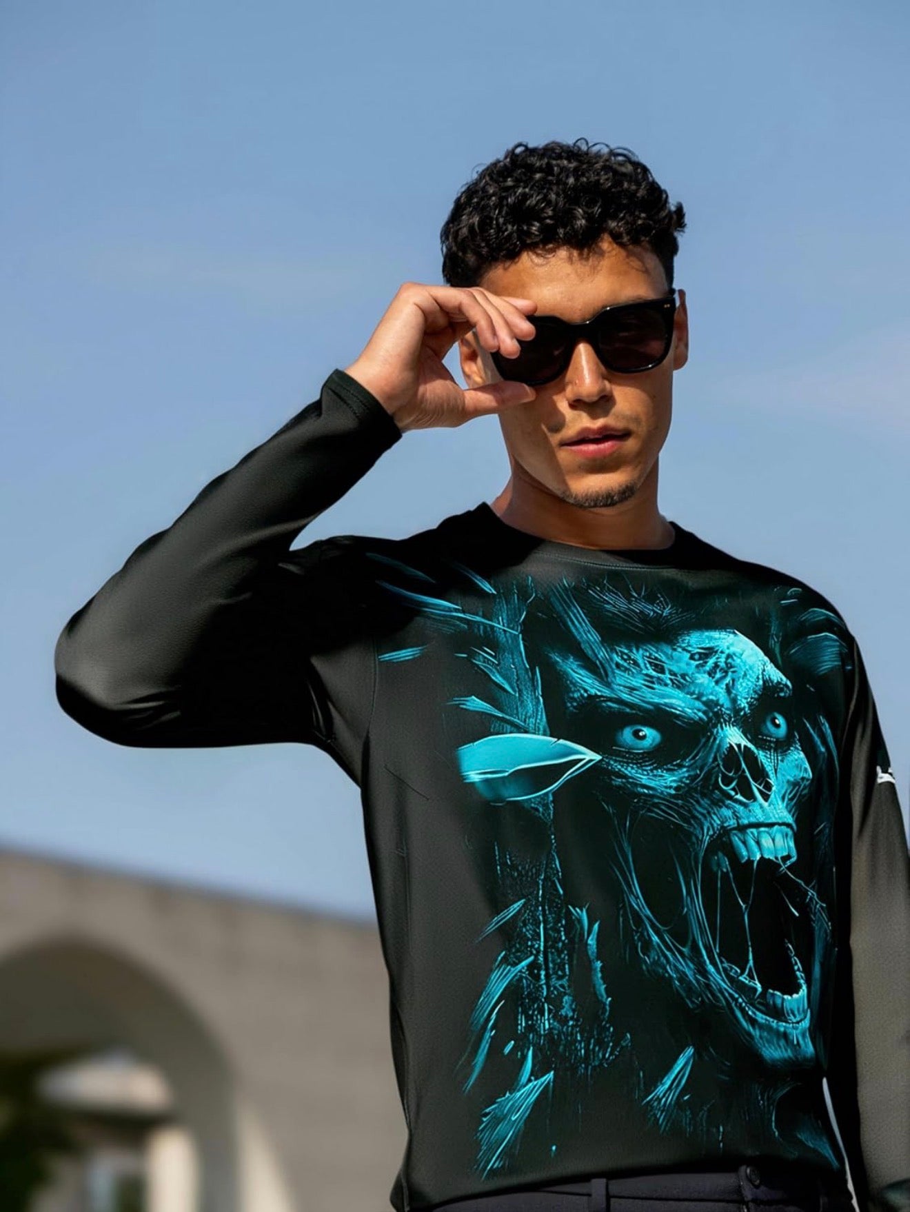 Blue Flame Skull Long Sleeve Graphic Tee