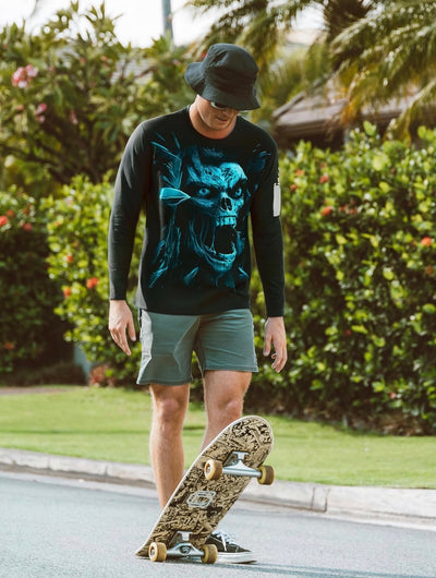 Blue Flame Skull Long Sleeve Graphic Tee