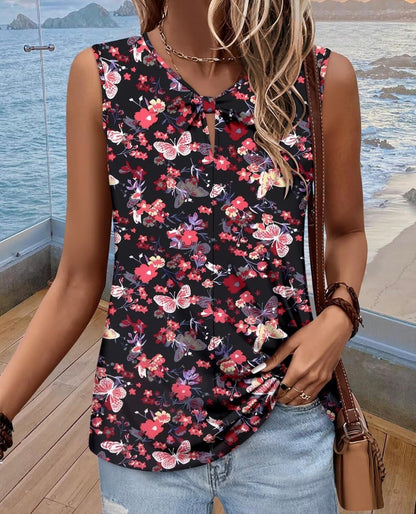 Women’s Pink Butterfly Floral Keyhole Neck Sleeveless Top