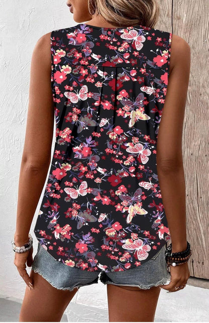 Women’s Pink Butterfly Floral Keyhole Neck Sleeveless Top