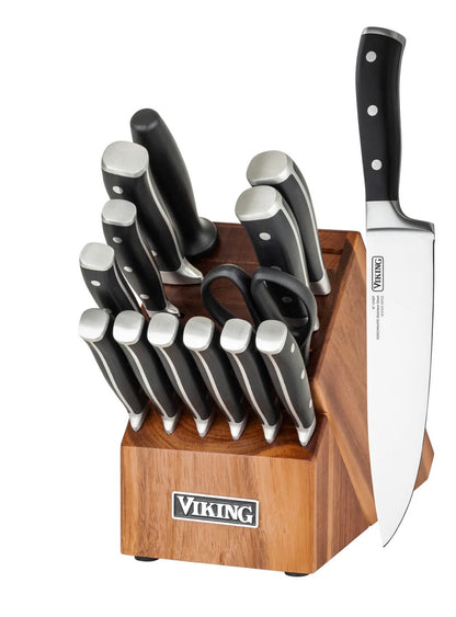 VIKING 15-PIECE STAINLESS STEEL CUTLERY SET WITH ACACIA WOOD BLOCK