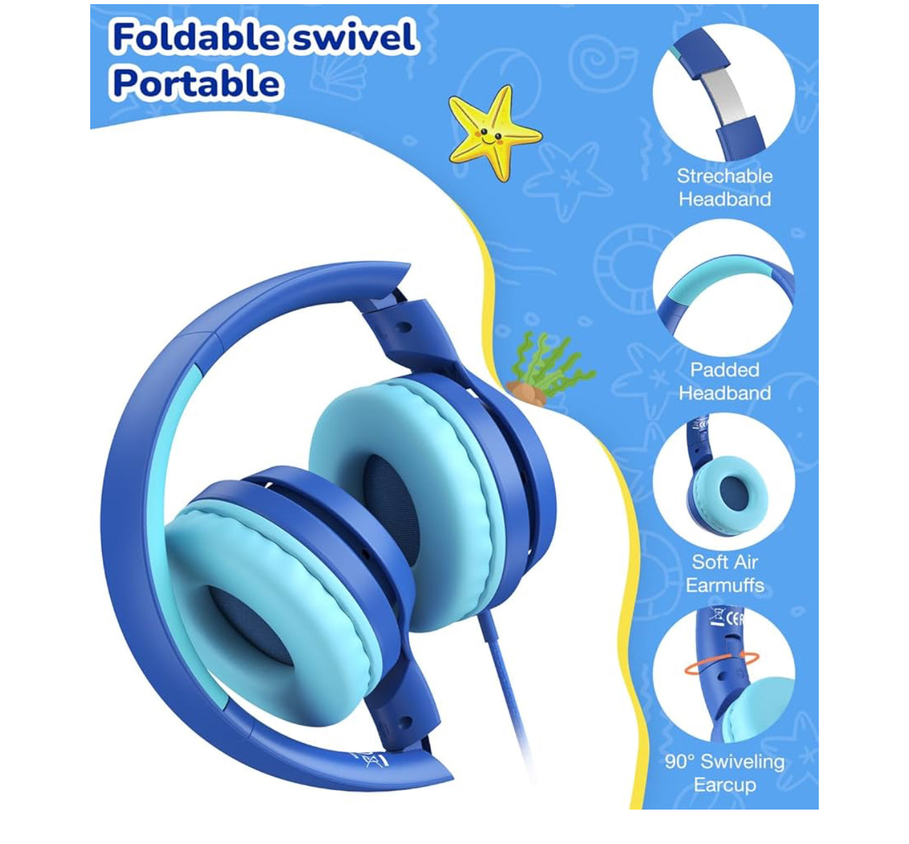 Kids USB-C Headphones with Mic – Safe Volume Limiter – Foldable Over-Ear Wired Headset (Blue)
