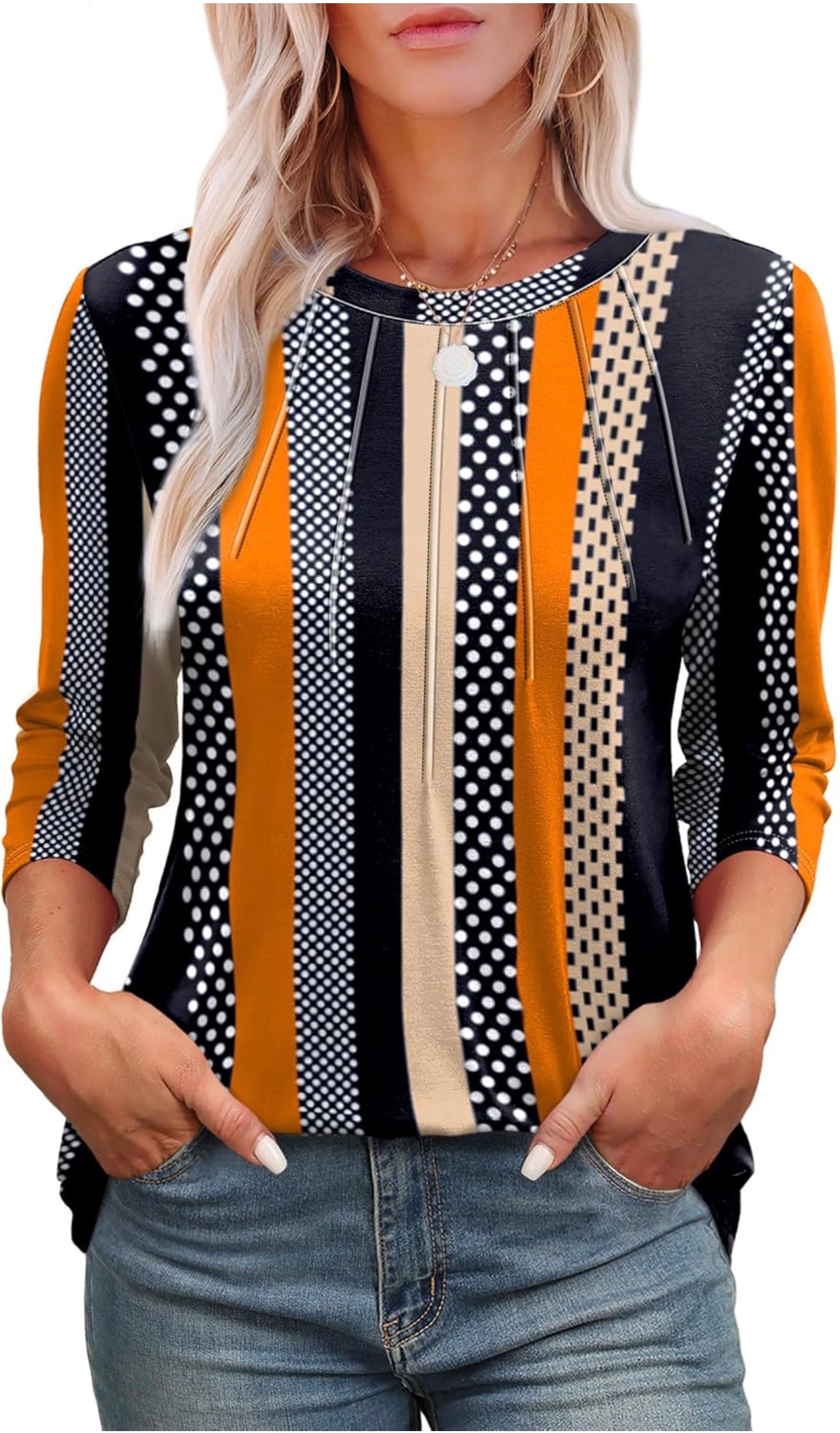 Women’s Retro Stripe & Dot Print Top – 3/4 Sleeve Casual Blouse