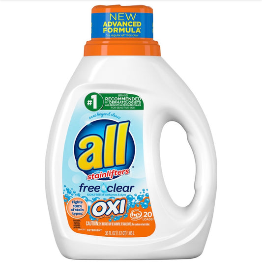 all® all Liquid Laundry Detergent, Free Clear, OXI, 30 Ounce, 20 Loads
