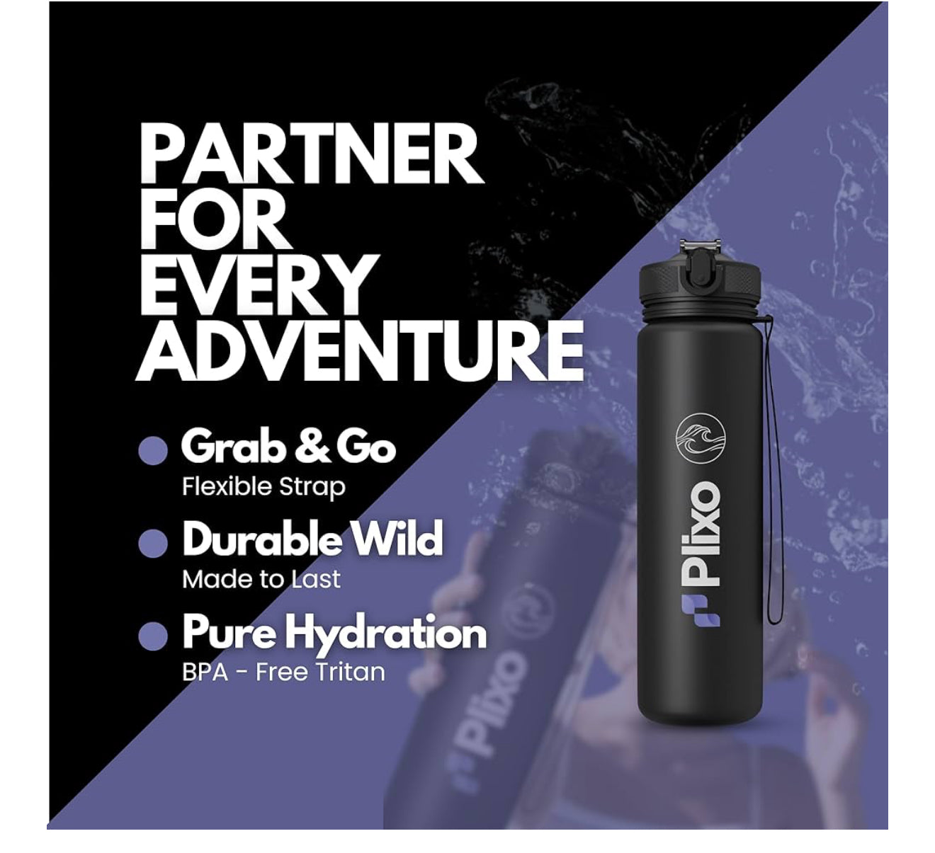 Plixo 32 oz Water Bottle – Matte Black – Leak-Proof with 2 Lids & Time Markers