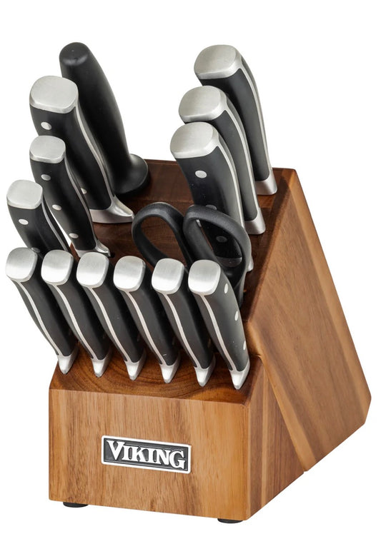 VIKING 15-PIECE STAINLESS STEEL CUTLERY SET WITH ACACIA WOOD BLOCK