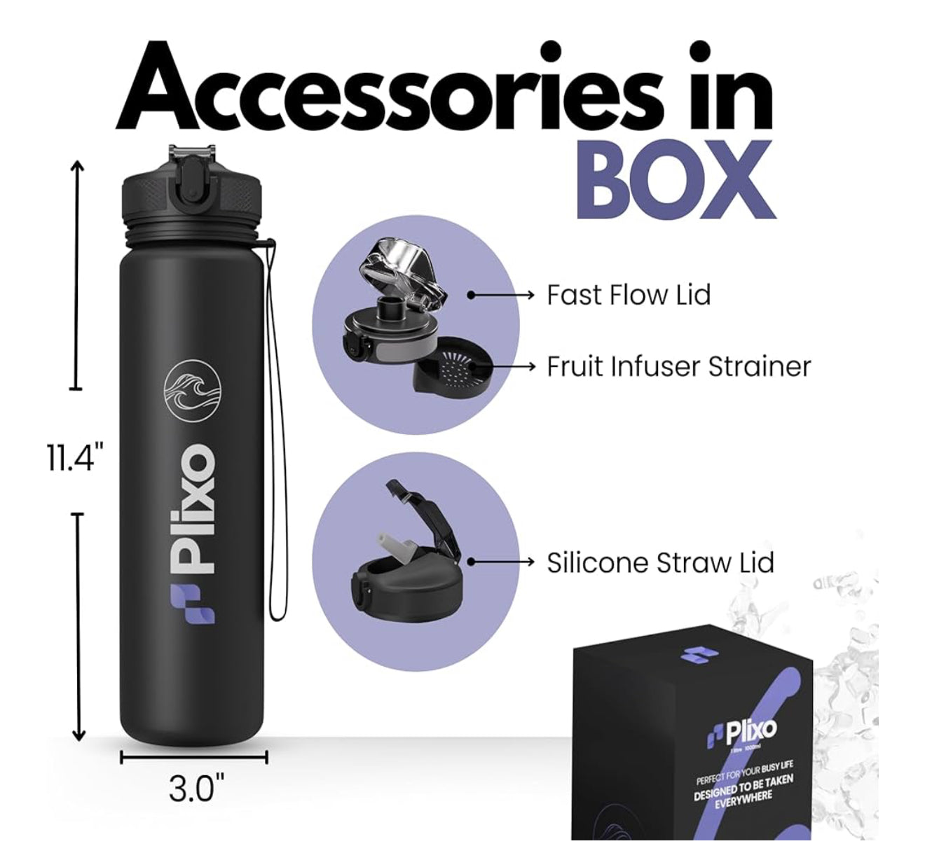 Plixo 32 oz Water Bottle – Matte Black – Leak-Proof with 2 Lids & Time Markers
