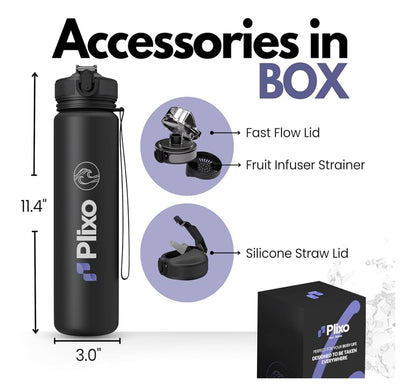 Plixo 32 oz Water Bottle – Matte Black – Leak-Proof with 2 Lids & Time Markers