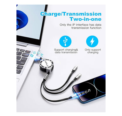 Minlu 3-in-1 Retractable Charging Cable – 3-Pack (4ft) – USB to Lightning, USB-C & Micro USB – Gray
