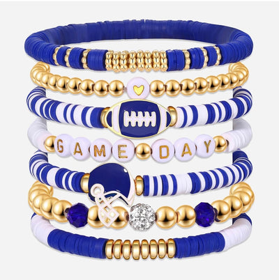 Game Day Bracelet Stack – Blue & Gold Football Beaded Set (6-Piece)