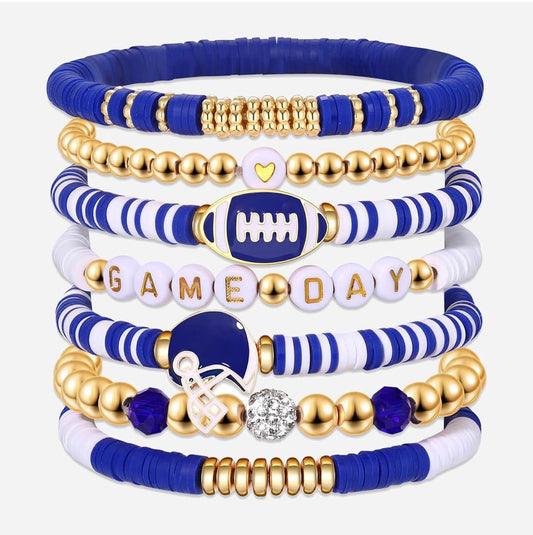 Game Day Bracelet Stack – Blue & Gold Football Beaded Set (6-Piece)