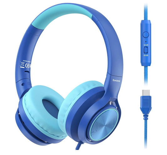 Kids USB-C Headphones with Mic – Safe Volume Limiter – Foldable Over-Ear Wired Headset (Blue)