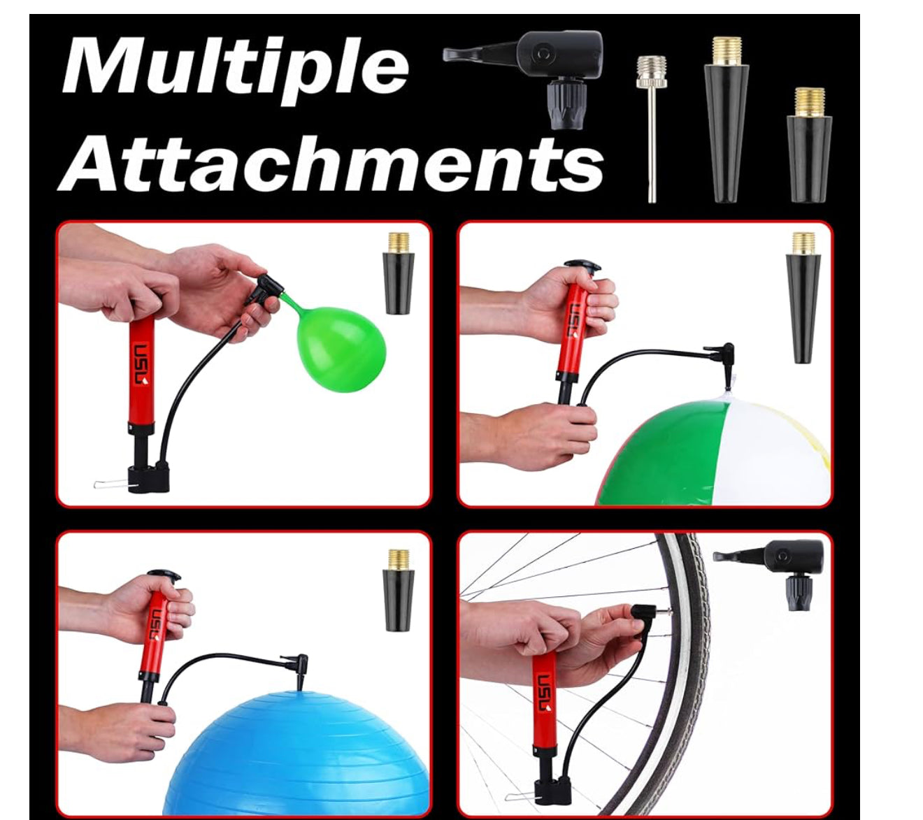 USB Dual-Action Hand Pump for Sports Balls – Includes 5 Needles, 2 Nozzles, Hose Adapter