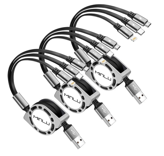 Minlu 3-in-1 Retractable Charging Cable – 3-Pack (4ft) – USB to Lightning, USB-C & Micro USB – Gray