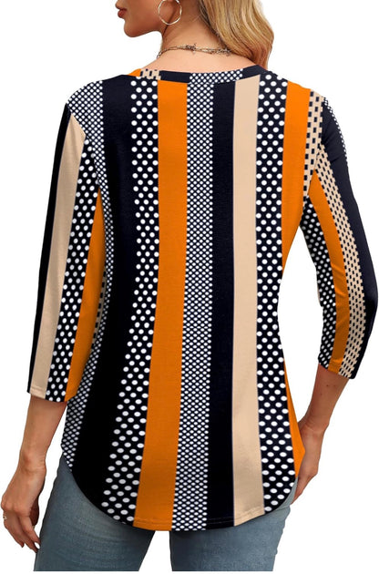 Women’s Retro Stripe & Dot Print Top – 3/4 Sleeve Casual Blouse