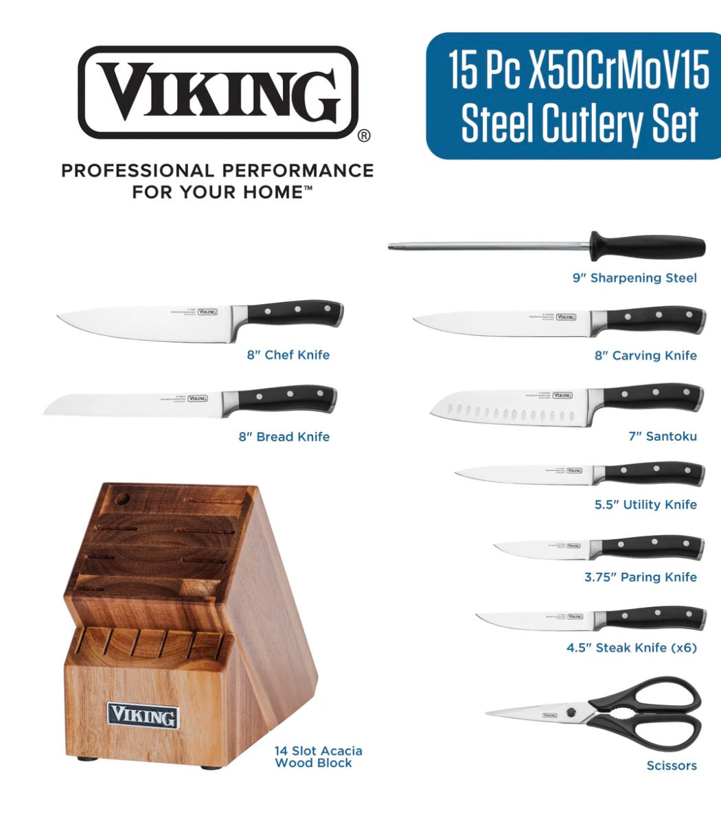 VIKING 15-PIECE STAINLESS STEEL CUTLERY SET WITH ACACIA WOOD BLOCK