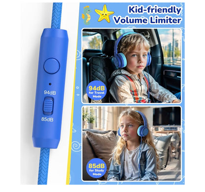 Kids USB-C Headphones with Mic – Safe Volume Limiter – Foldable Over-Ear Wired Headset (Blue)