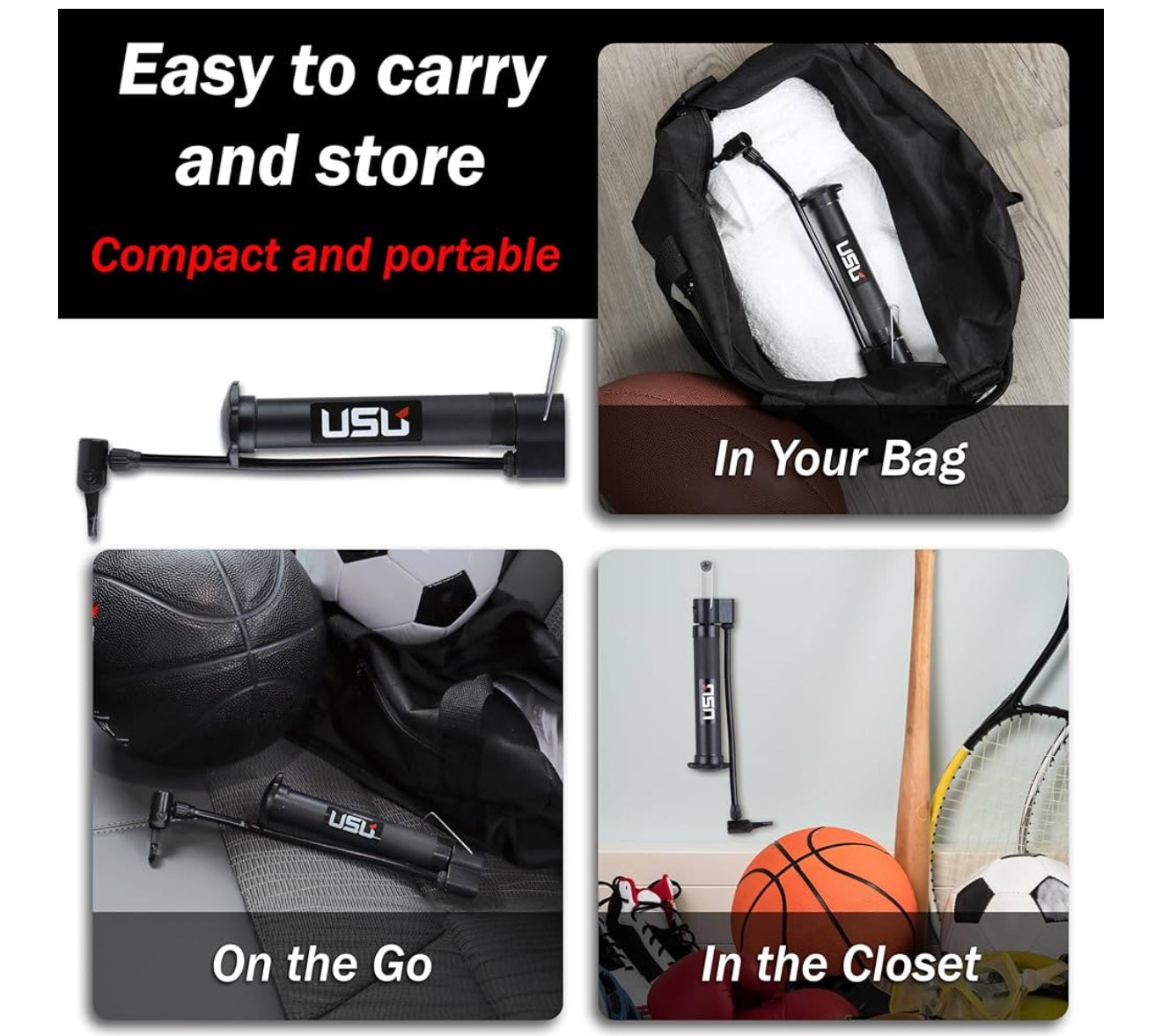 USB Dual-Action Hand Pump for Sports Balls – Includes 5 Needles, 2 Nozzles, Hose Adapter