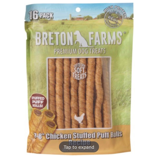 Breton Farms Chicken Stuffed Soft Puff Roll Dog Treats - 16-Count