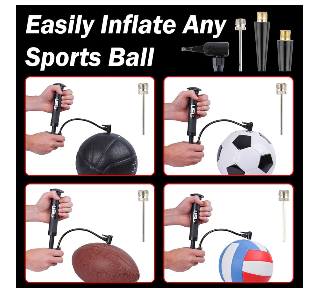 USB Dual-Action Hand Pump for Sports Balls – Includes 5 Needles, 2 Nozzles, Hose Adapter