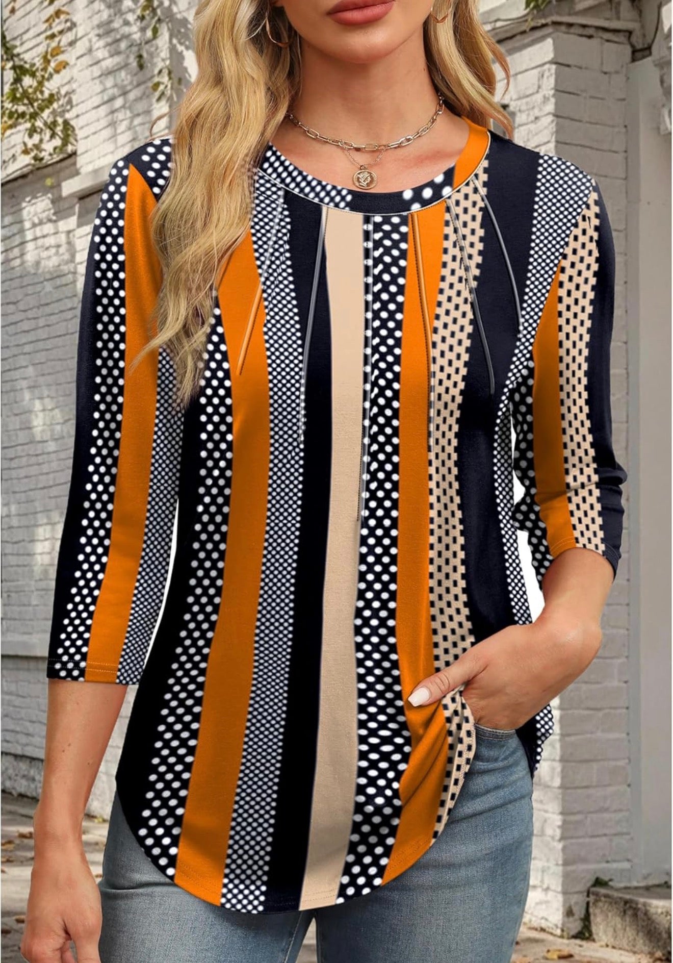 Women’s Retro Stripe & Dot Print Top – 3/4 Sleeve Casual Blouse