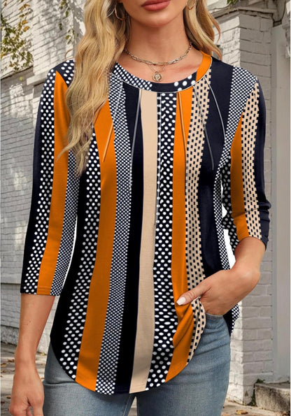 Women’s Retro Stripe & Dot Print Top – 3/4 Sleeve Casual Blouse