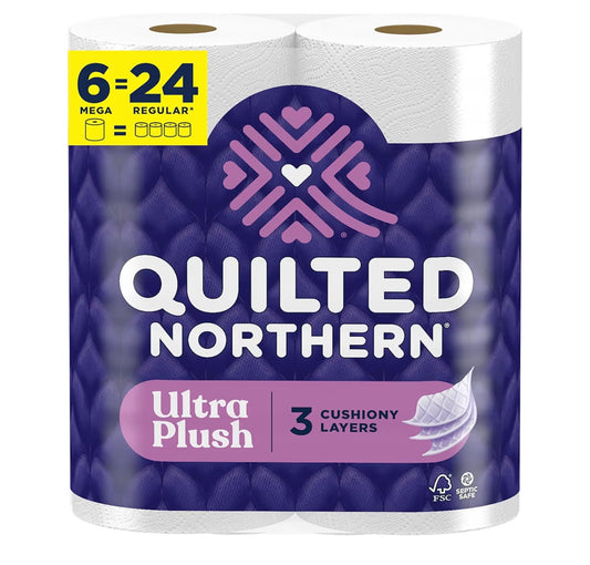 Quilted Northern Ultra Plush Toilet Paper, 6 Mega Rolls = 24 Regular Rolls, 3X Thicker*, 3 Ply Soft Toilet Tissue