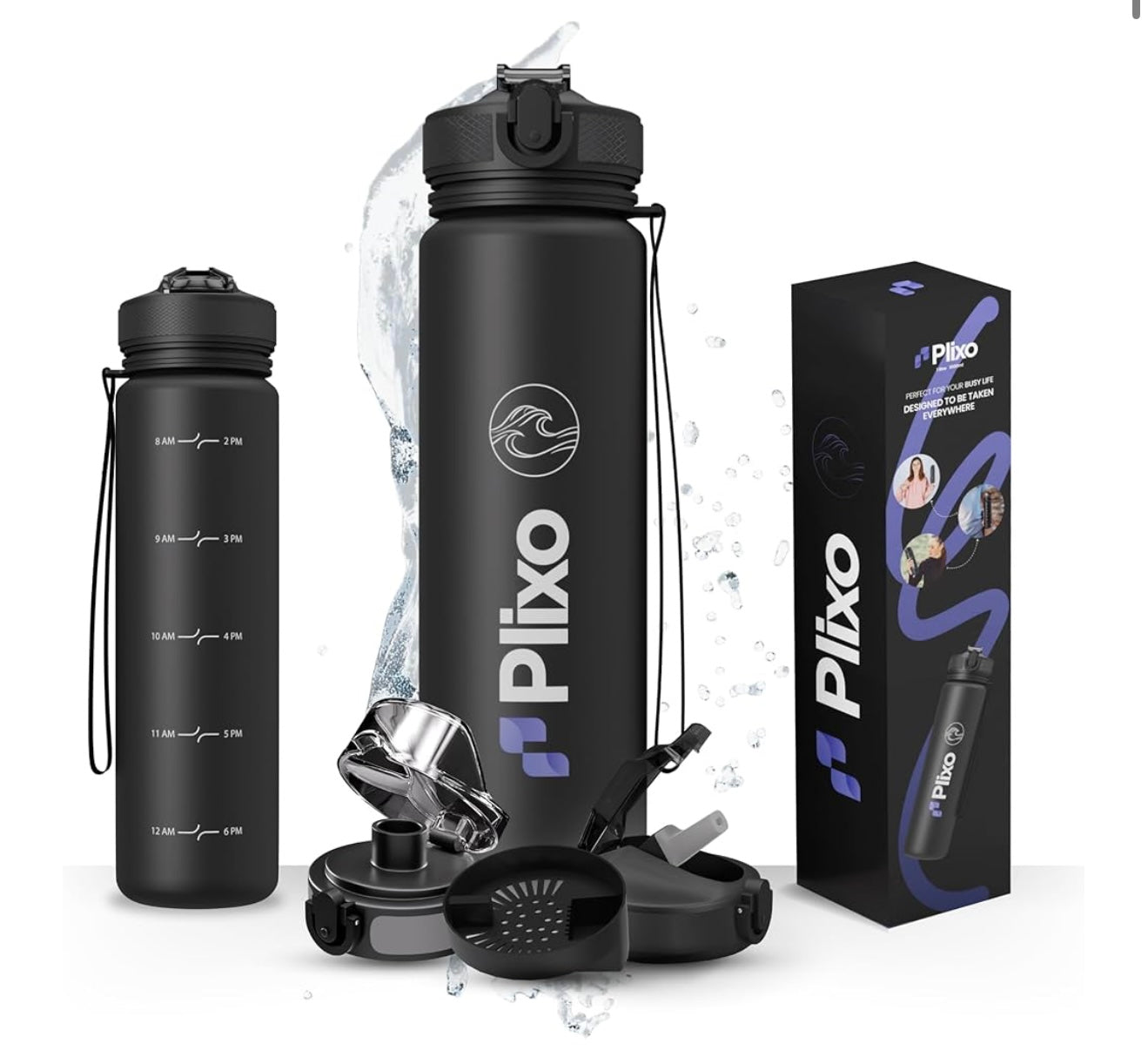 Plixo 32 oz Water Bottle – Matte Black – Leak-Proof with 2 Lids & Time Markers