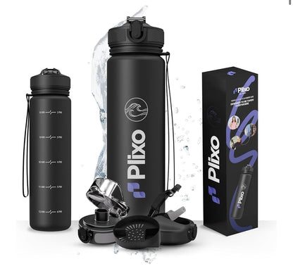Plixo 32 oz Water Bottle – Matte Black – Leak-Proof with 2 Lids & Time Markers